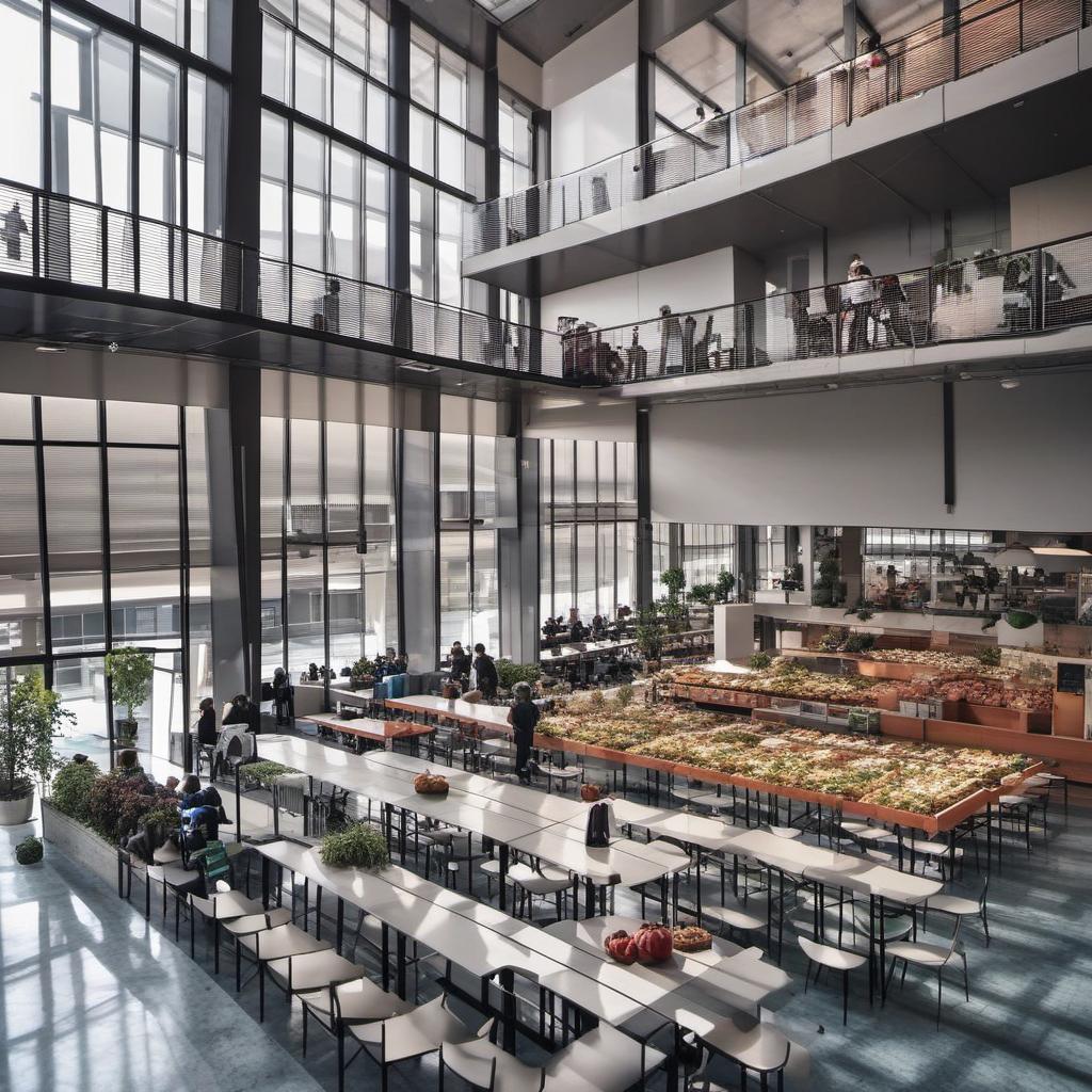  interior aerial view of high school cafeteria 3 stories with balcony and food lines, mystical style