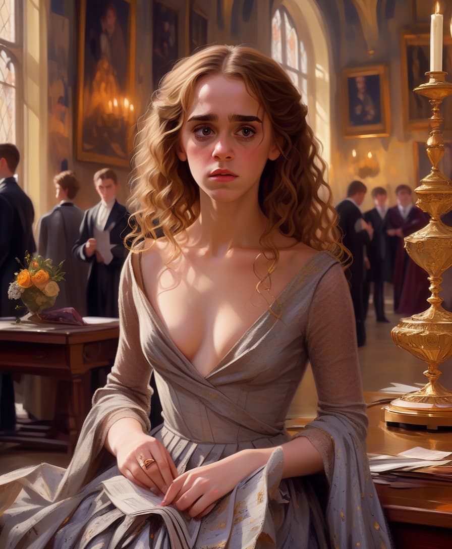  an elegant girl ((hermione granger)) in a torn dress, naked and tearful at a chic reception (hogwarts) , works by konstantin razumov, "black outfit", "shabby chic", "fan art", klimt and mucha, works by serge marshennikov keep their face the same, just increase the size of the image.