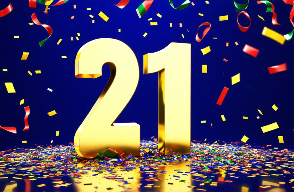  single 3d number "21" standing on solid background, confetti and ribbons falling ar 3:2 {prompt}, maximum details