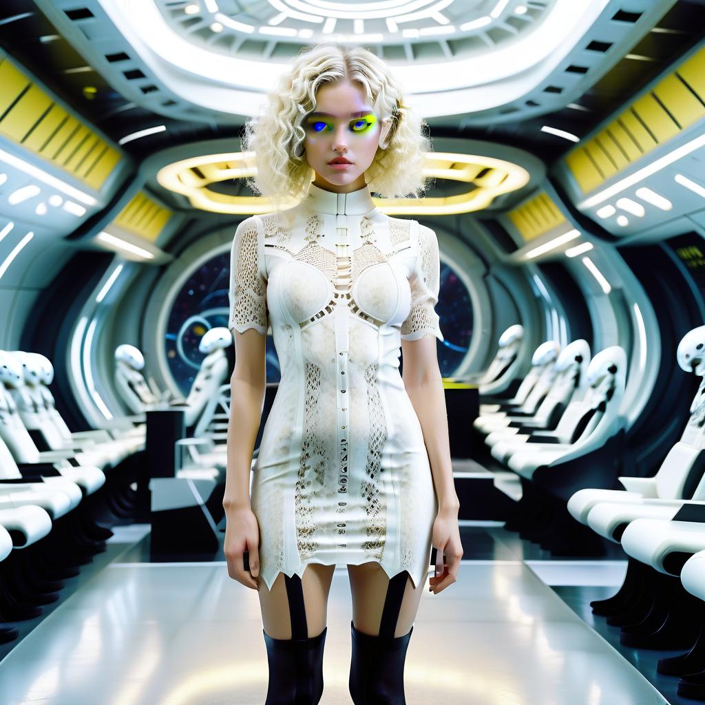  sci fi style the stands face (full height), large s (white lace mini dress), black shoes, platinum blond curly hair, light yellow eyes . futuristic, technological, alien worlds, space themes, advanced civilizations, film photography style, hkmagic