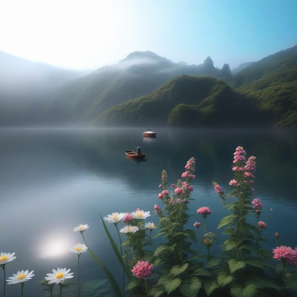  Boat and flowers on the water hyperrealistic, full body, detailed clothing, highly detailed, cinematic lighting, stunningly beautiful, intricate, sharp focus, f/1. 8, 85mm, (centered image composition), (professionally color graded), ((bright soft diffused light)), volumetric fog, trending on instagram, trending on tumblr, HDR 4K, 8K