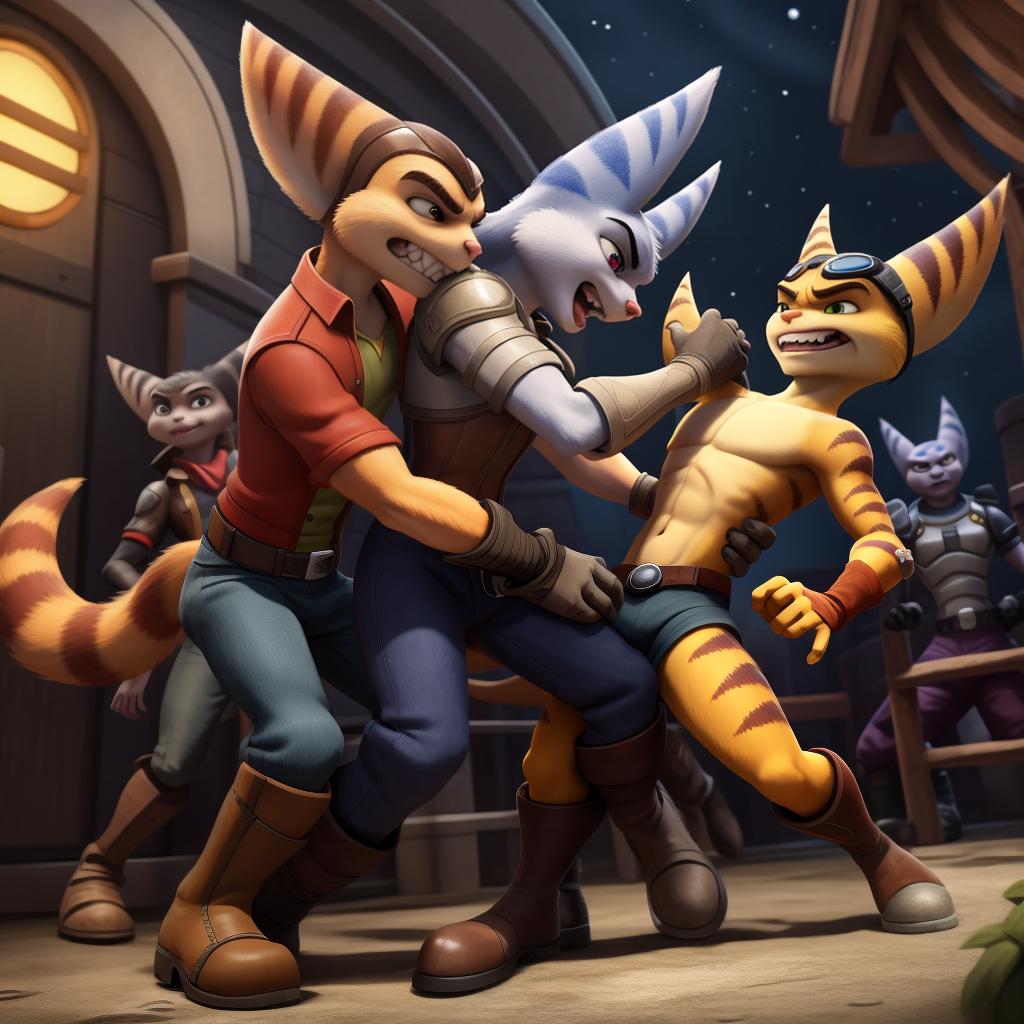  Male ratchet and clank (insomniac) full body, group, clothes, gloves and boots, gay, evil, fighting, hand to hand combat, punching, retraining grabbed, neck grab, ganged up upon, hand squeezes crotch, attacking victim, bullying victim 3 vs 1, open eyes, digital art, masterpiece, 4k, fine details,