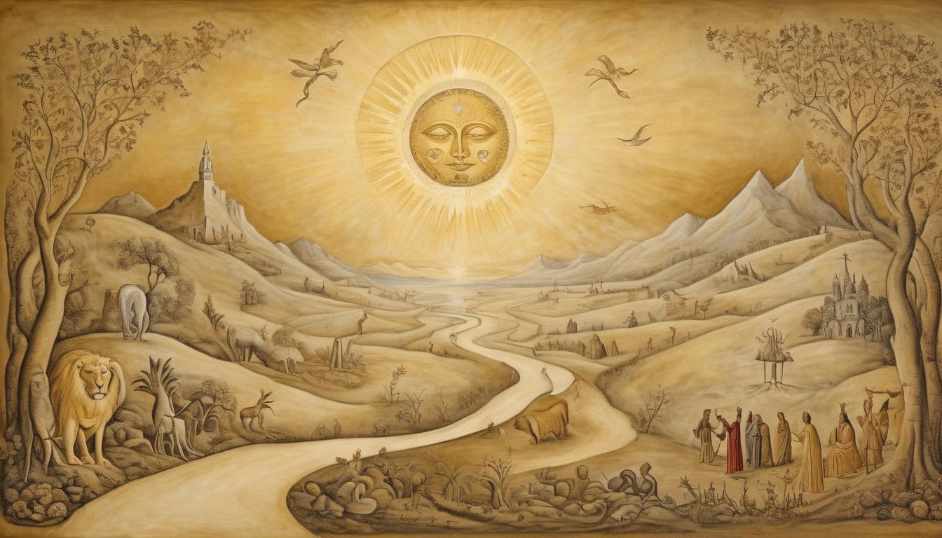  on parchment, surrealism++, golden pathway, illuminated by celestial light, divine direction, spiritual alignment, heavenly guidance(mysterious, provocative, symbolic)++