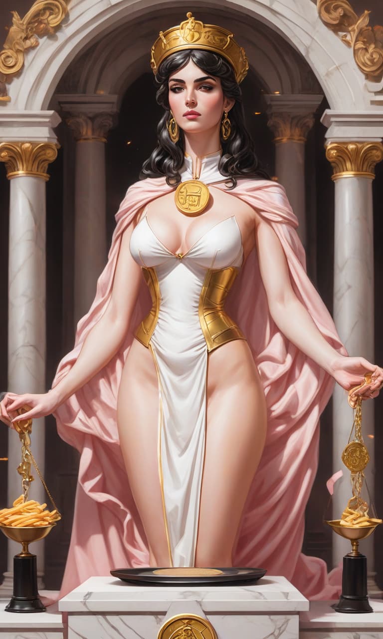  concept art tarot color pink, white, black, gold courtroom, on the pedestal stands a statue of the themis of white marble, her eyes are blindfolded. in her hands she has a scale, one often fries and a mcdonald's burger, on the other bowl of scales fries and a burger . digital artwork, illustrative, painterly, matte painting, highly detailed, perfect hands