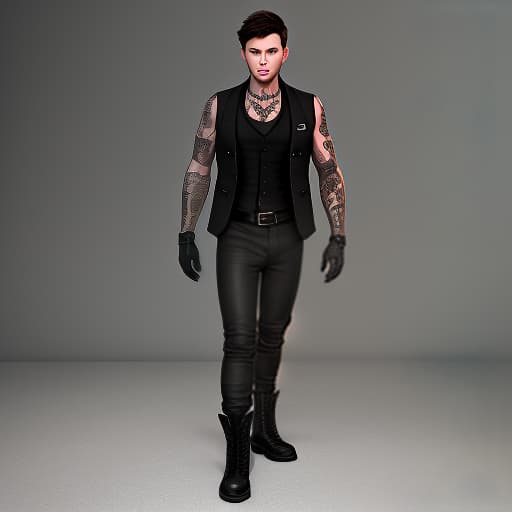  brunette guy with short hair, black vest, tattoos on his arms. half gloves, black pants, boots on feet, realistic appearance. undercover agent