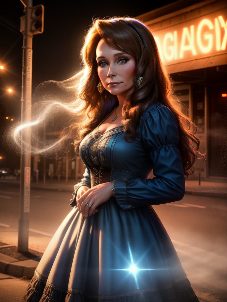  The young country singer Loretta Lynn, medium shot, upper body, spotlight, long exposure lighting, street art style spray paint, glamour lighting