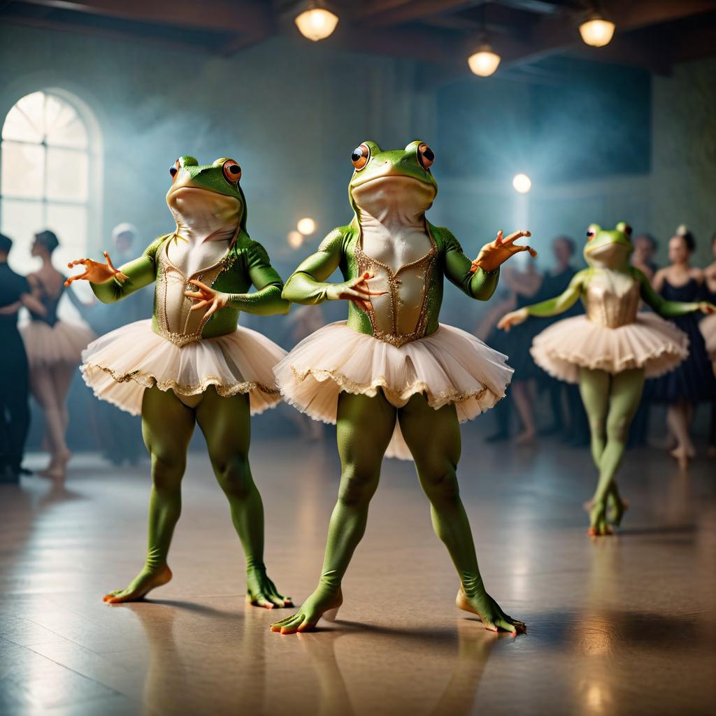  cinematic photo frogs dance in ballet costumes . 35mm photograph, film, bokeh, professional, 4k, highly detailed, civitai, on parchment