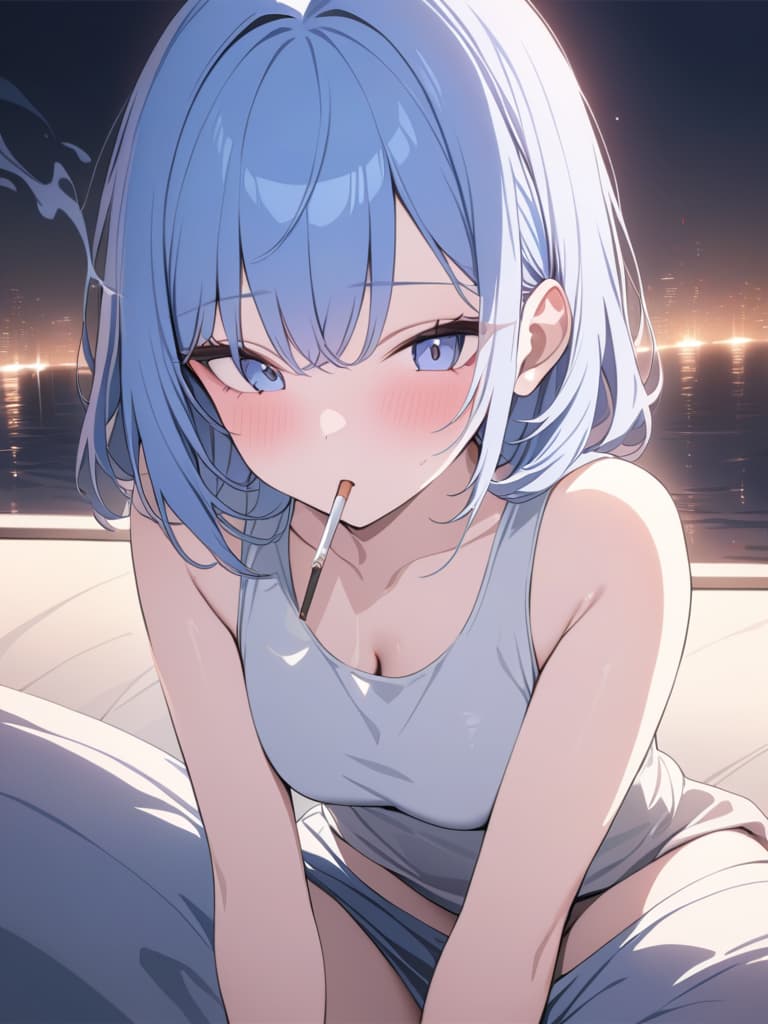  light blue hair, light blue, insecure, smoking cigarettes, bob hair, night, masterpiece, best quality,8k,ultra detailed,high resolution,an extremely delicate and beautiful,hyper detail