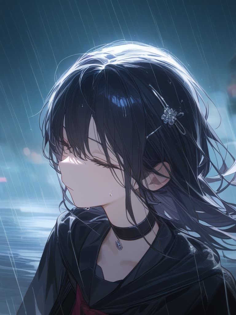   in the rain, black hair, imaginary, jit, raining, raining, tired face, night, water drips on hair, black hair, beautiful rain, face close to you, close your eyes, you want to die. i wish, pierced, hairpin, choker, black hair side tail, masterpiece, best quality,8k,ultra detailed,high resolution,an extremely delicate and beautiful,hyper detail