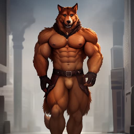  Muscular, tall, brown fur, dog muzzle, slanted eyes, fluffy hairstyle, tail raised up. hyperrealistic, full body, detailed clothing, highly detailed, cinematic lighting, stunningly beautiful, intricate, sharp focus, f/1. 8, 85mm, (centered image composition), (professionally color graded), ((bright soft diffused light)), volumetric fog, trending on instagram, trending on tumblr, HDR 4K, 8K