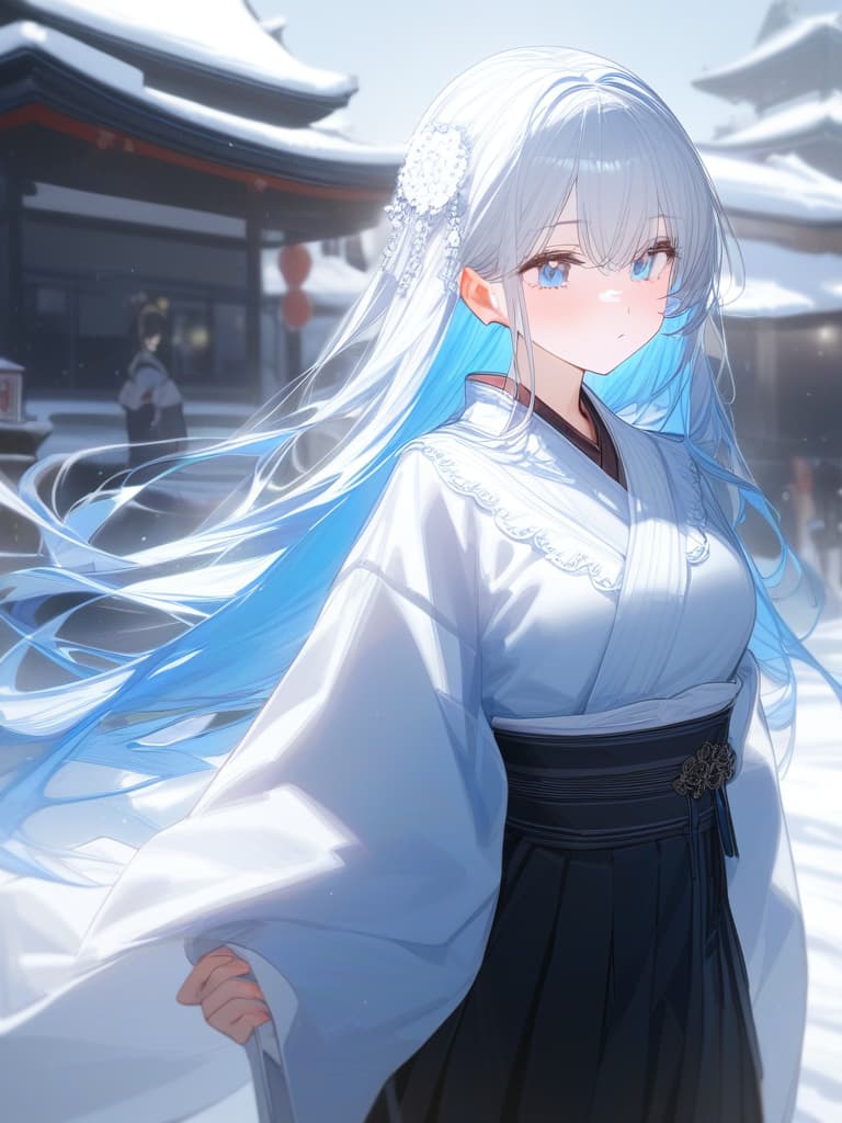  girls, white skin, white hair, long hair, light blue gradation hair color, light blue eyes, headdress, snow, kimono, pleated skirt, frill, masterpiece, best quality,8k,ultra detailed,high resolution,an extremely delicate and beautiful,hyper detail