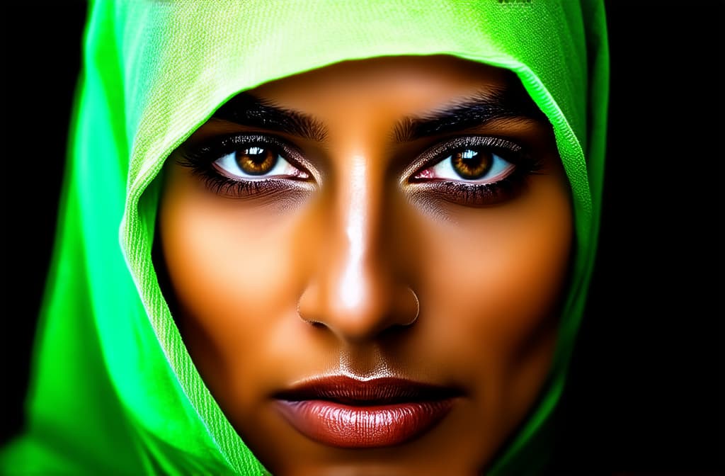  brown mysterious eyes of arab woman in green hijab close up ar 3:2, (natural skin texture), highly detailed face, depth of field, hyperrealism, soft light, muted colors