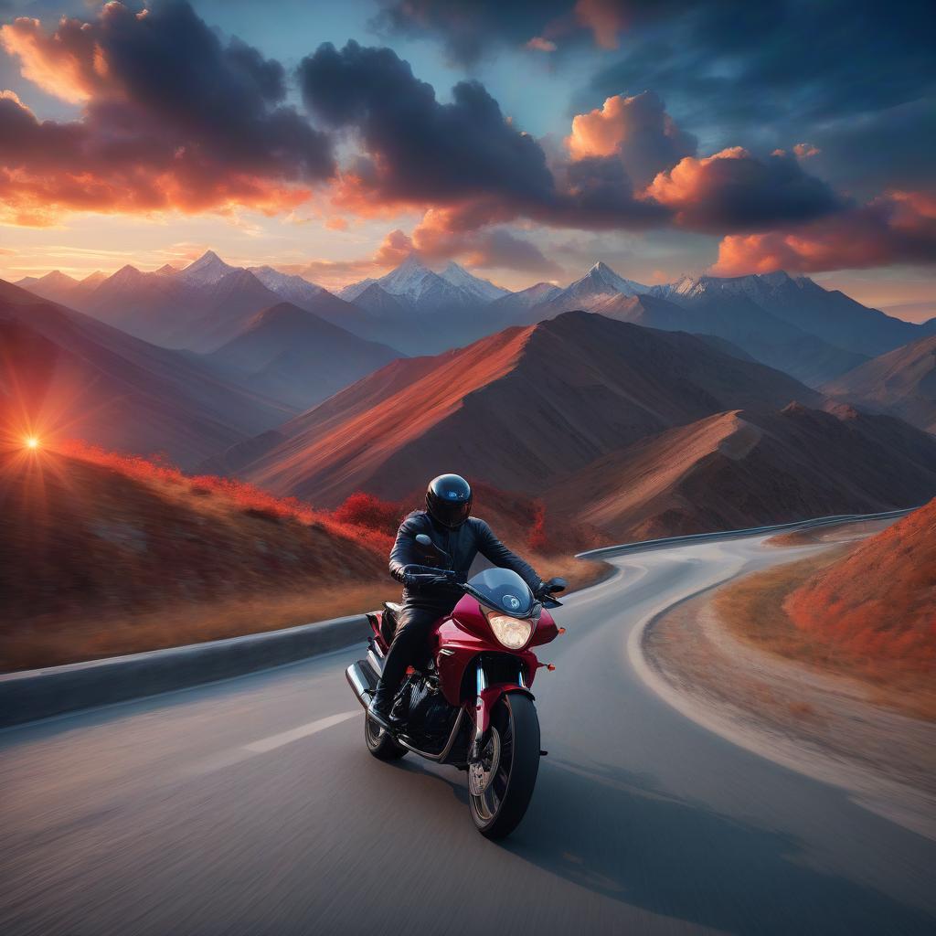  (majestic mountain, serpentine) along a circular narrow road to the top of the mountain, ((two motorcyclists are driving) at high speed, dynamics, blue clouds can be seen in the distance, a crimson sunset illuminates its sharp edges, high quality, excellent detail