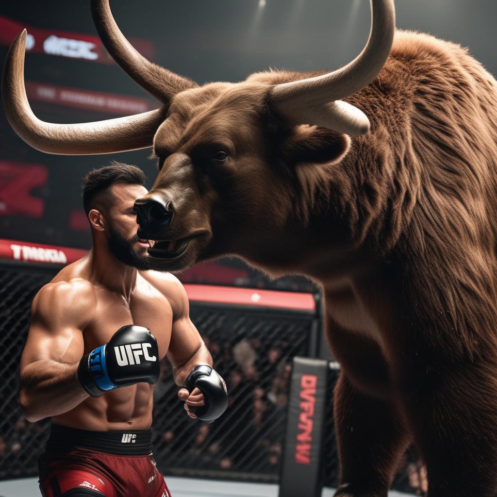  create a ufc fight card opposing a bull with horns and a bear hyperrealistic, full body, detailed clothing, highly detailed, cinematic lighting, stunningly beautiful, intricate, sharp focus, f/1. 8, 85mm, (centered image composition), (professionally color graded), ((bright soft diffused light)), volumetric fog, trending on instagram, trending on tumblr, HDR 4K, 8K