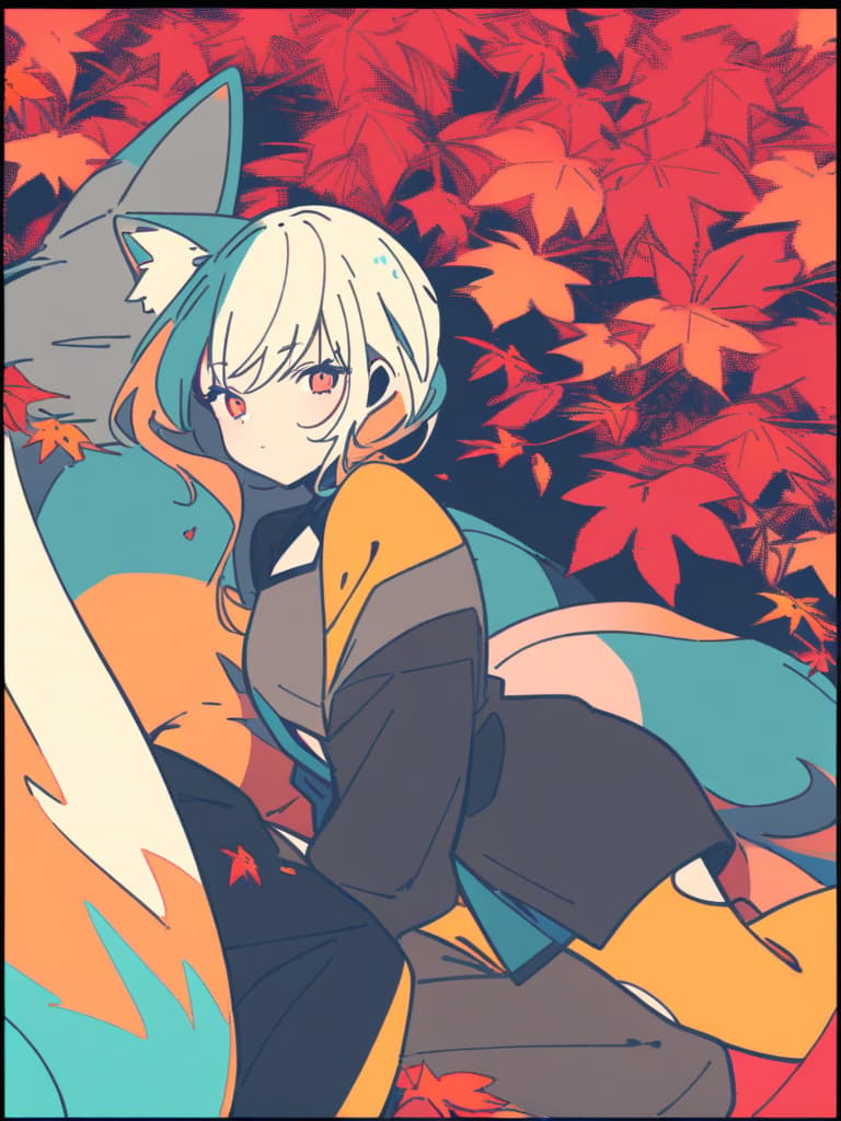  masterpiece, flat color, (((thick black border))), (((cutout))), autumn leaves, (((one cute fox))), colorful