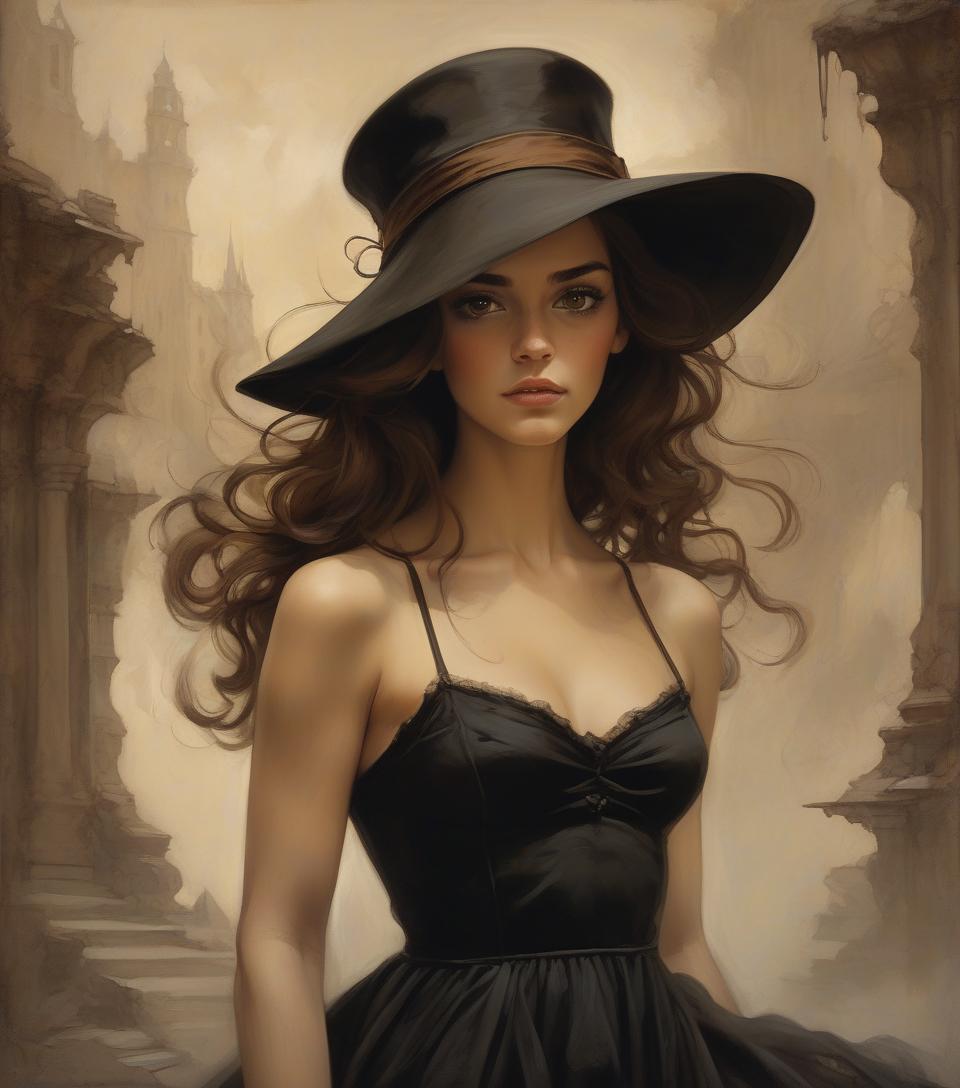  concept art oil on canvas, young woman, wearing black dress, brown hair and brown eyes,hat, frank frazetta, arthur rackham, alberto seveso, sandro botticelli style. . digital artwork, illustrative, painterly, matte painting, highly detailed