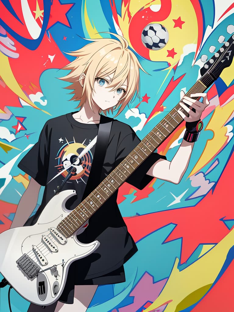  anime with electric guitar, anime style illustration, electric guitar solo, electric guitar performance, trend anime artwork, clean and detailed animation style, clean and detailed animation art, guitarist, simple background, revolution e baseball shirt,