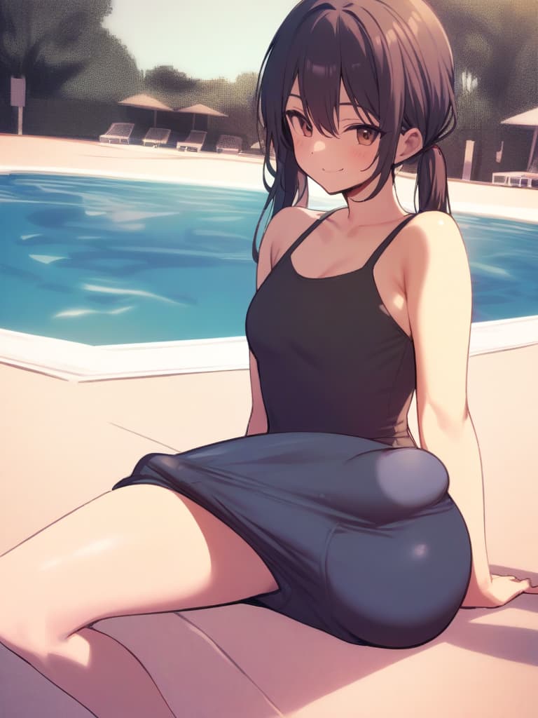  junior s, twin tails, cute smiles, swimwear, s with chin (lower body s), , man (bulge,), whole body, pool side,