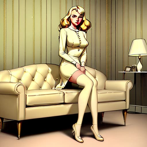  cream tones, decoration, girl, beautiful, young, slender, large bust, stylish makeup, blonde, hair in the style of caret, hair soft, wavy, housewife dress of the 50s, nylon stockings, shoes on studs, in the background the wall of the room, colored wallpaper on the wall, there is a sofa, a girl sits on the sofa, lighting bright, soft tones, no glare, the style of the image of a humorous series of the 50s