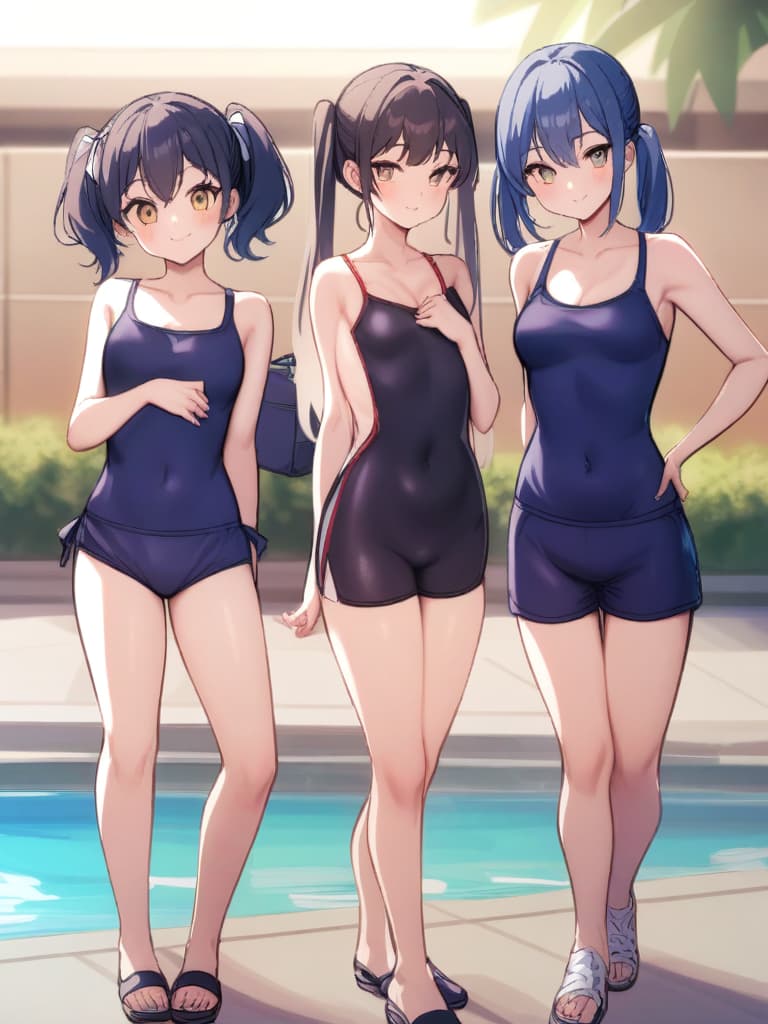  women's elementary students, twin tails, cute smiles, rich s, low stages, dark blue swimwear, old swimwear, swimwear, male, male, shaped clear , shaped clear phimosis, sharp stiff, male bulge, , front, whole body, pool side,