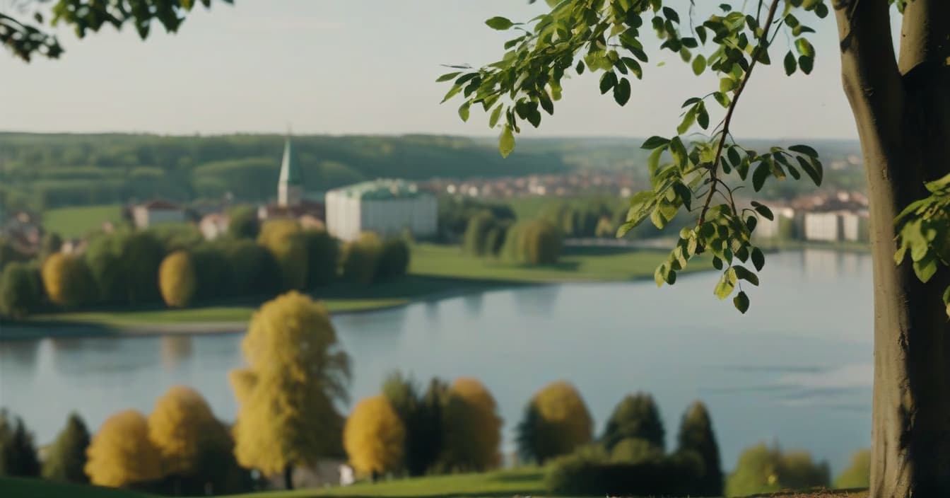  cinematic photo realistic landscape on a hill, a metropolis in the distance, a linden tree on the left and a linden tree on the right, a sunny day, a park, a lake reflects trees, cinematic . 35mm photograph, film, bokeh, professional, 4k, highly detailed