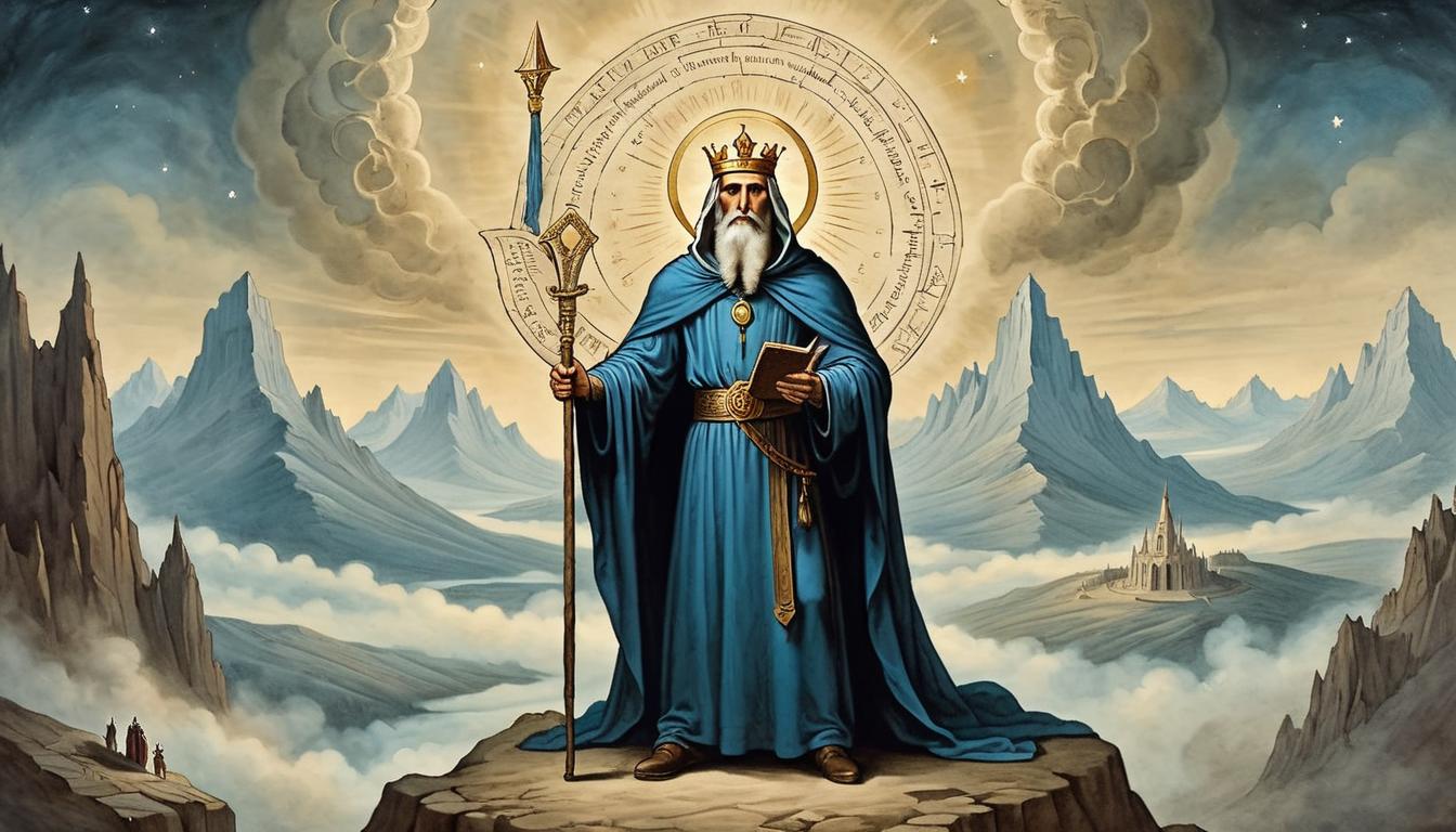  on parchment, surrealism+++, prophet with radiant eyes, celestial halo, holding ancient scroll, standing atop mountain, commanding presence(mysterious, provocative, symbolic,muted color)+++