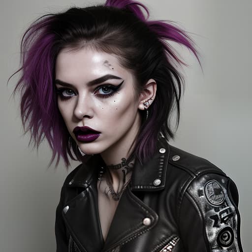  a hyper realistic photo of an extremely beautiful punk rocker girl bold lines, hyper detailed, leather jacket with studs and ripped jeans, her face is pale with pronounced cheekbones . her eyes are outlined with rich black eyeliner, and her lips are covered in dark lipstick with a slightly smudged contour. her disheveled hair is dyed in bright colors, creating a chaotic yet intentional mess. smoke swirls around her, and the lighting casts dramatic shadows, emphasizing her bold and energetic image. the grunge girl demonstrates authenticity, honesty, and independence through her style and self expression, photorealistic, hyperrealistic, hyperdetailed, analog style, hip cocked, demure, low cut, black lace, detailed skin, matte skin, soft light