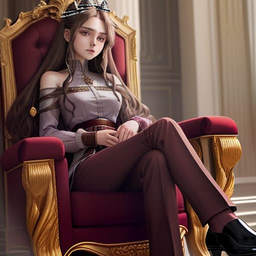  on the royal throne in a luxurious hall sits a woman with gray eyes, long brown hair that falls from her shoulders, she is wearing a burgundy long sleeve shirt, strict black trousers and long heeled shoes, in her hands is a crown