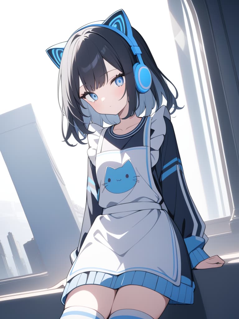  ((headphones,cute,light blue jersey,black hair,bob hair,trimmed bob hair,light blue eyes,jersey apron,maid apron over jersey,cat shaped headphones,light blue headphones,jersey dress,white leg warmers,light blue color scheme))、ultra detailed,best shadow,cute and beautiful face,(masterpiece:1.2),(best quality:1.2),detailed background,high contrast,(best illumination,an extremely delicate and beautiful),((cinematic light)),hyper detail,dramatic light,intricate details,8k,anime,very aesthetic、jersey: 1.5