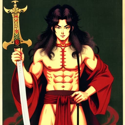  Fudo Myoo wearing a vestment with his chest bare, long frizzy hair, holding a sword in his right hand Male, retro.