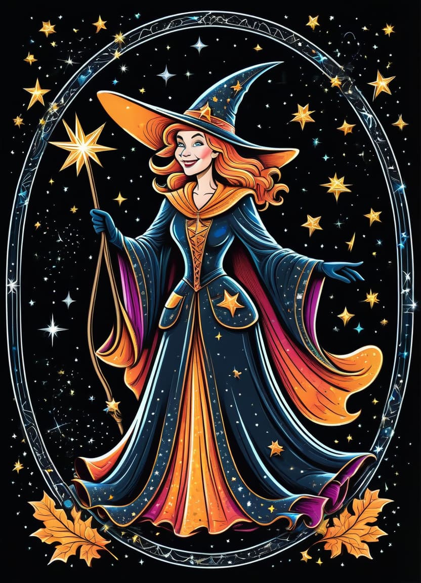  a humorous illustration. bright colors, cartoon style. on the black background, shiny contours outlines of a good witch in a robe with stars, in a pointed hat with stars, black gloves, frame with intricate thin ornamentation from comet, stars and cosmic dust: (thin: 1,4) lines,