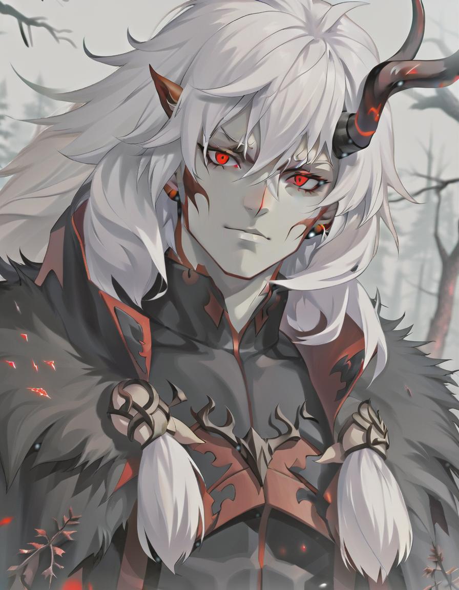  man demon, white skin, black eyes, white hair, red horns, black fur coat, dense forest in the background