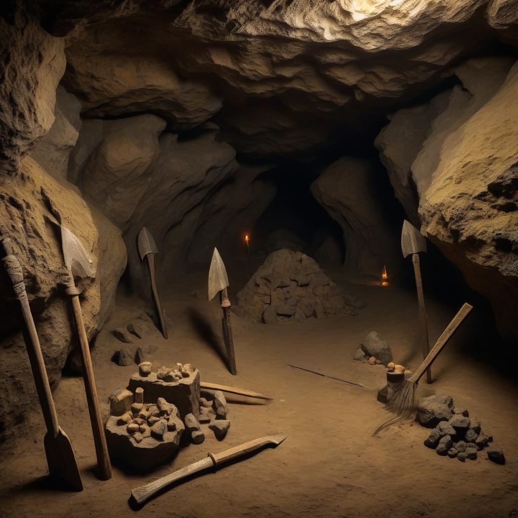  the medieval cave inside with ore and pickaxes is wide with relief