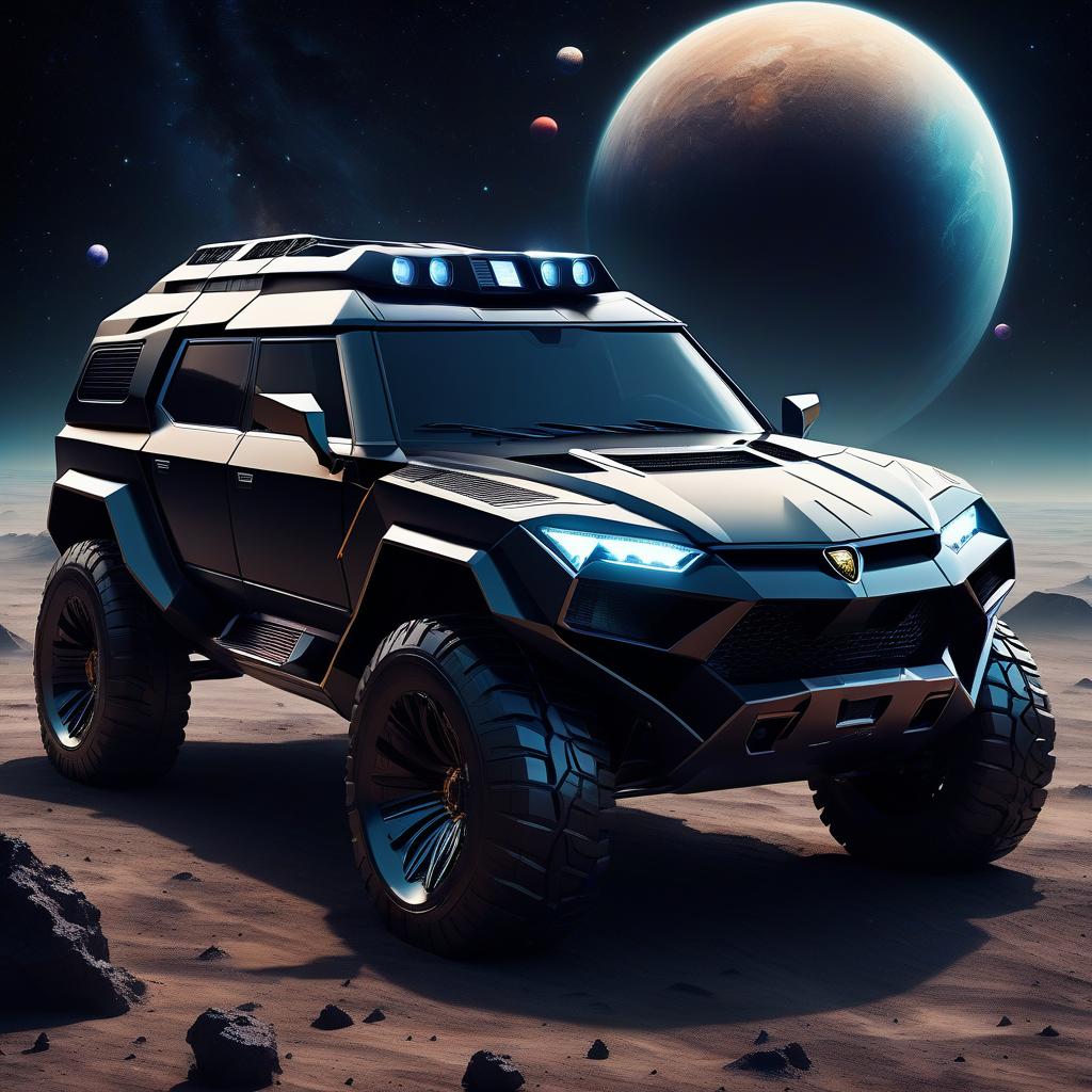  space themed retro futuristic, black, brutal suv, reminiscent of the lamborghini lm 002 . cosmic, celestial, stars, galaxies, nebulas, planets, science fiction, highly detailed