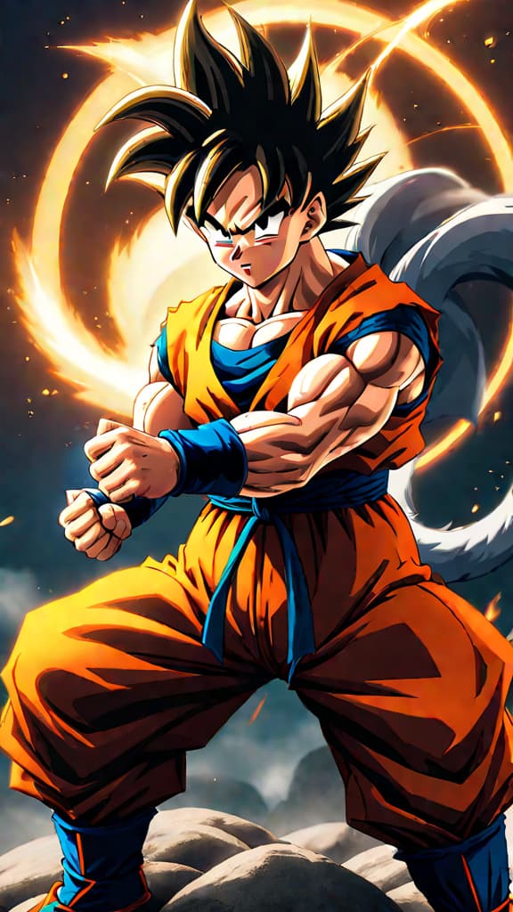  anime art of goku (dragon ball z) punching, altering reality in tournament of power. hyperrealistic, full body, detailed clothing, highly detailed, cinematic lighting, stunningly beautiful, intricate, sharp focus, f/1. 8, 85mm, (centered image composition), (professionally color graded), ((bright soft diffused light)), volumetric fog, trending on instagram, trending on tumblr, HDR 4K, 8K