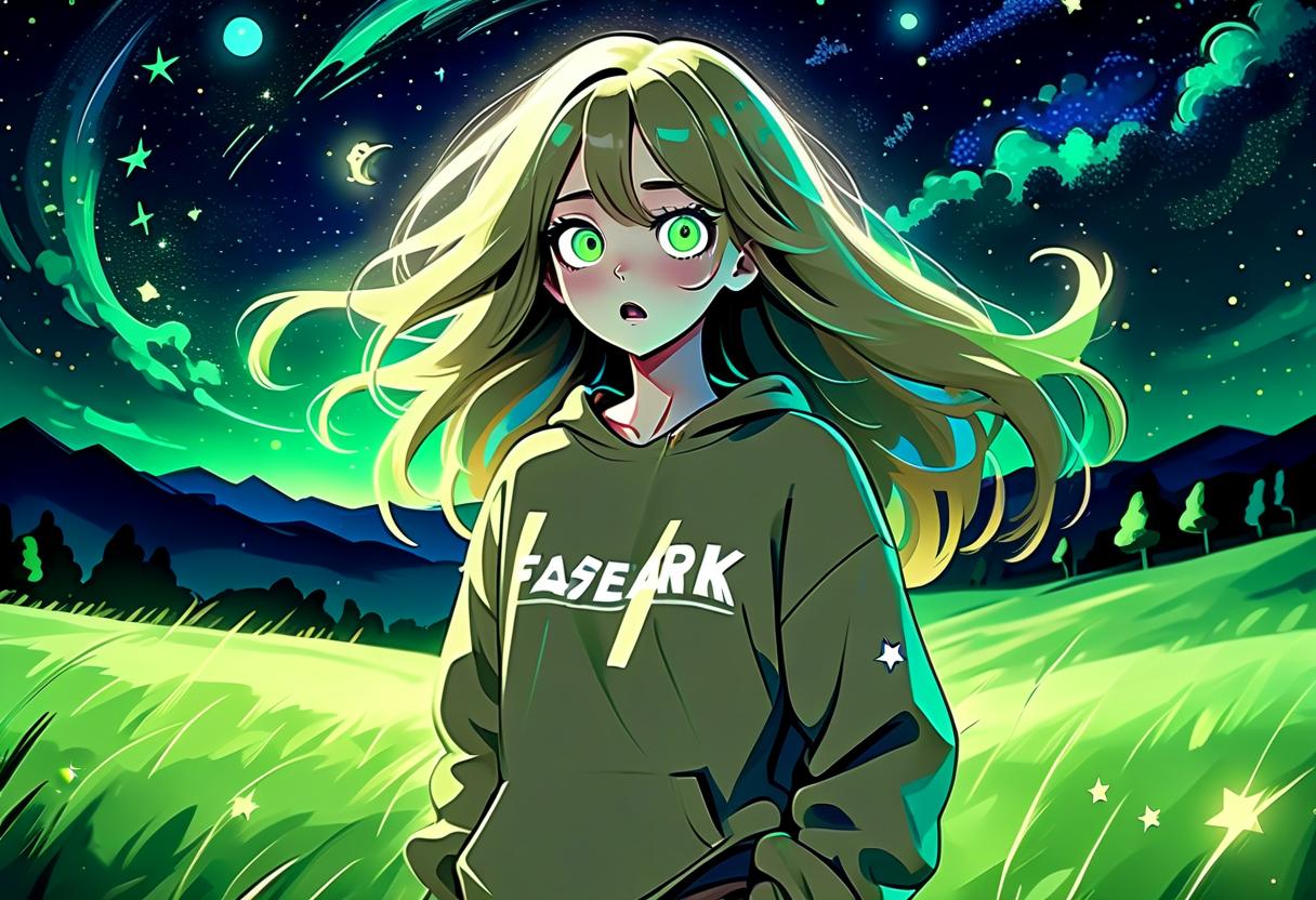  psychedelic style a girl in anime style with long hair runs around the field at night dressed in a khaki colored sweatshirt and pants. the girl looks at the starry sky at night with black lower eyelids under the eyes of a specific color full of fear of the unknown and curiosity. there are stars in the night sky. . vibrant colors, swirling patterns, abstract forms, surreal, trippy