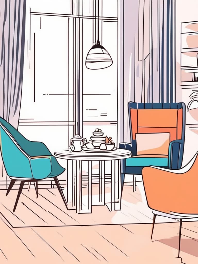  line art drawing in the broad and bright living room, a small round table with fine tea and a few seductive snacks, accompanied by a comfortable armchair, is waiting for a free afternoon tea time。. professional, sleek, modern, minimalist, graphic, line art, vector graphics