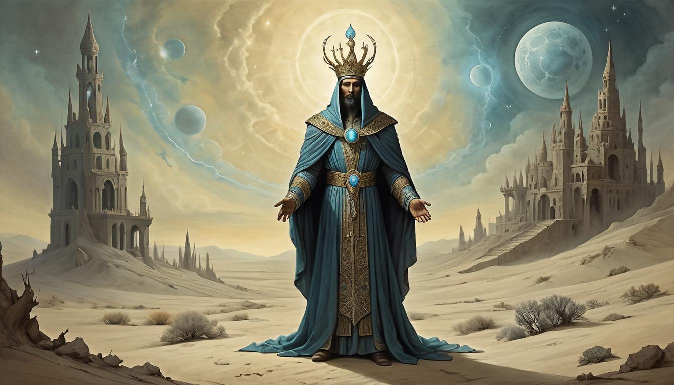  on parchment, surrealism+++, a figure with a radiant aura, adorned in intricate divine robes, standing regally amongst barren surroundings, contrast of beauty against desolation(mysterious, provocative, symbolic,muted color)+++