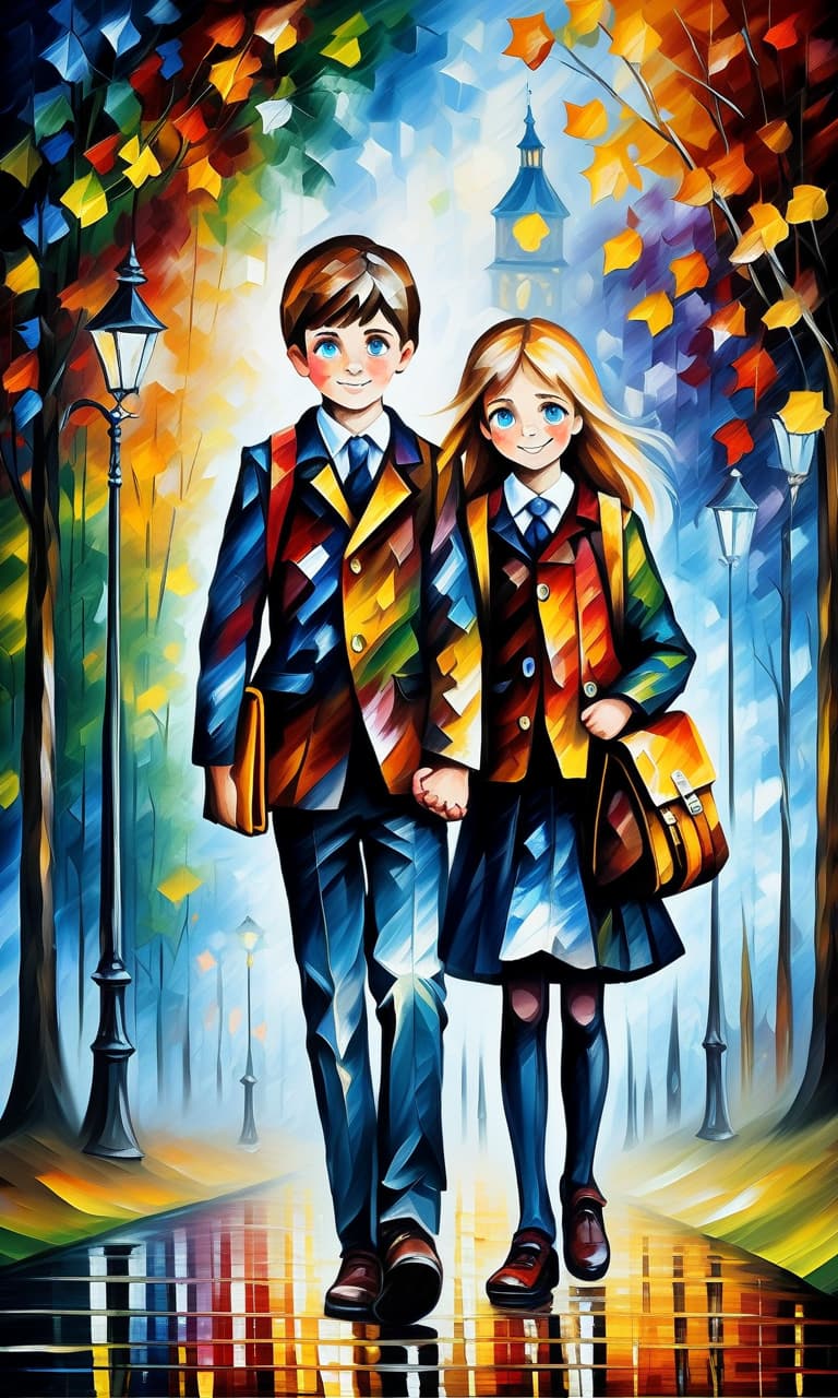  (style of leonid afremov:1.5), boy and girl schoolchildren walking through autumn park with school bags, holding hands, epic realism, anime features, dark fantasy, abstract horror, desaturated color palette, gothic and renaissance aesthetic, (happy smiles:1.4), in school uniform, blue eyes