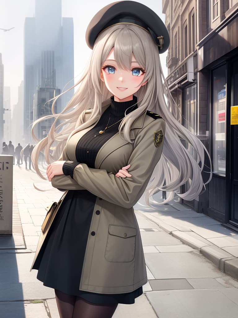  1 girl,upper body,best quality,beautiful face,detailed eyes,grayish beige hair,long hair,khaki casual dress,wearing black beret,happy smile,hand on own chin,blue sky,at the street,pearl pierce hyperrealistic, full body, detailed clothing, highly detailed, cinematic lighting, stunningly beautiful, intricate, sharp focus, f/1. 8, 85mm, (centered image composition), (professionally color graded), ((bright soft diffused light)), volumetric fog, trending on instagram, trending on tumblr, HDR 4K, 8K