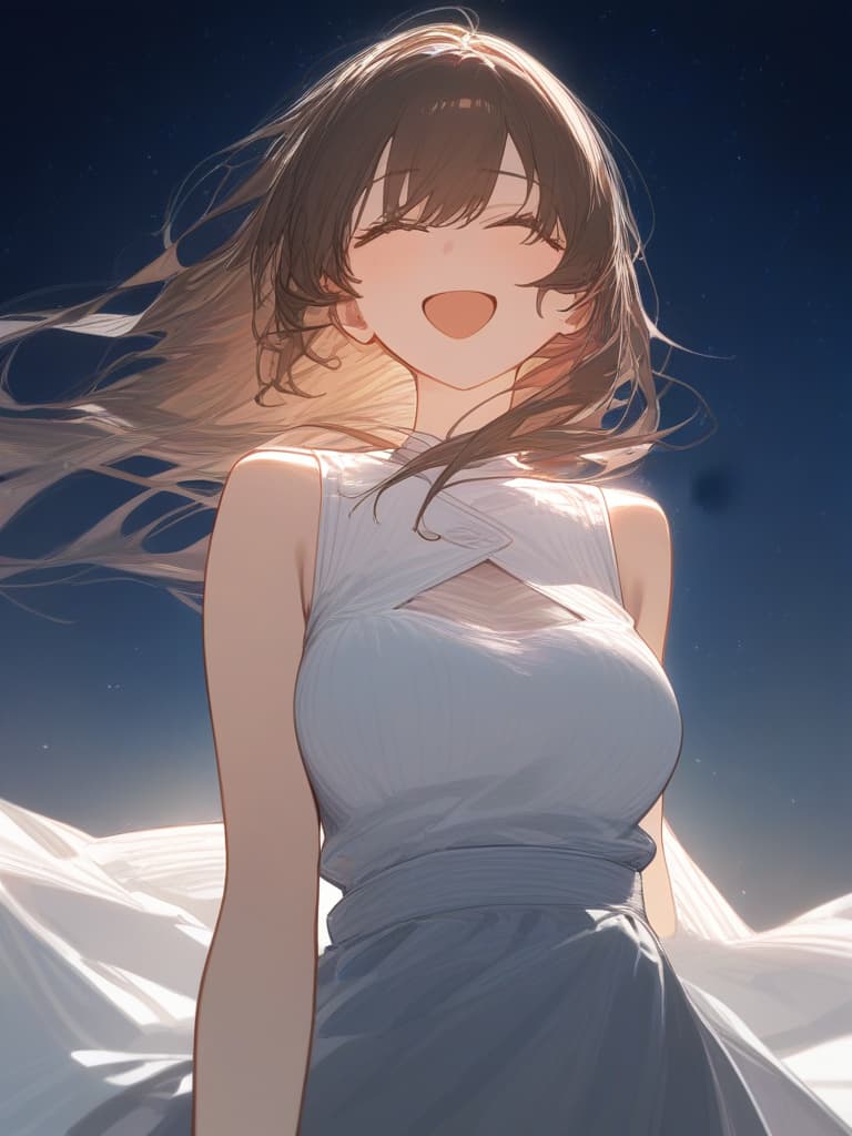  a girl who is laughing at me, bright brown hair, long hair, transparent fleeting, facing here, laughing, under the starry sky, facing here, i am looking at me, wearing a white cardigan over the black sleeveless dress, above the chest, masterpiece, best quality,8k,ultra detailed,high resolution,an extremely delicate and beautiful,hyper detail