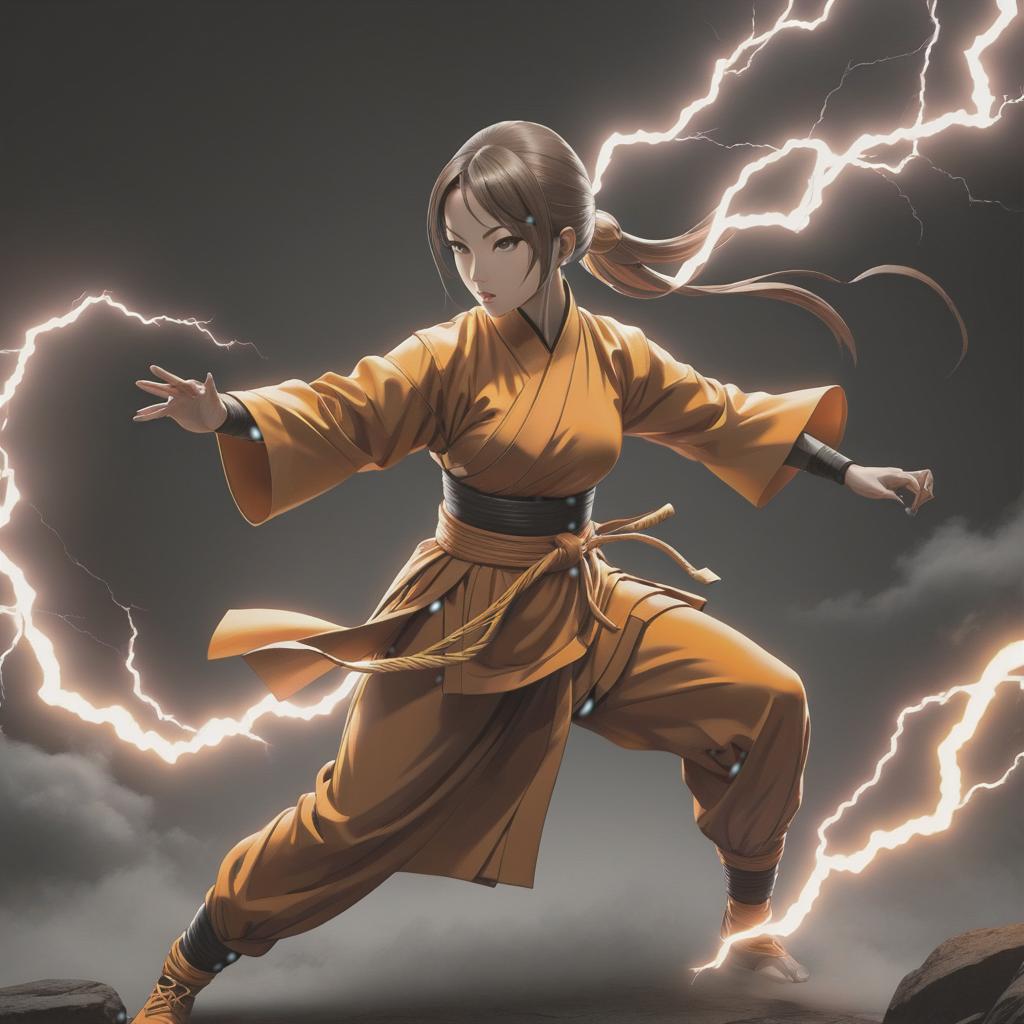  line art drawing monk girl, kung fu fight, lightning, running . professional, sleek, modern, minimalist, graphic, line art, vector graphics hyperrealistic, full body, detailed clothing, highly detailed, cinematic lighting, stunningly beautiful, intricate, sharp focus, f/1. 8, 85mm, (centered image composition), (professionally color graded), ((bright soft diffused light)), volumetric fog, trending on instagram, trending on tumblr, HDR 4K, 8K