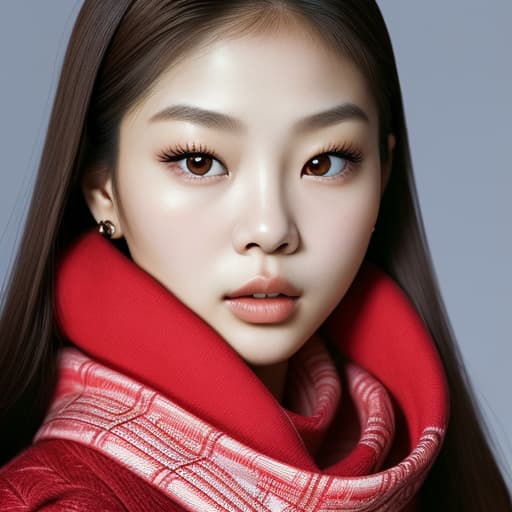  (--Style Photoralism, Jennie Kim) a close up of a woman with a red scarf on, blackpink jennie, popular south korean makeup, portrait of female korean idol, popular korean makeup, beautiful south korean woman, harpers bazaar, harper's bazaar, beautiful oriental woman, korean face features, dior campaign, korean audrey hepburn, vogue journal cover, inspired by Zhang Shuqi, detailed face of a asian girl