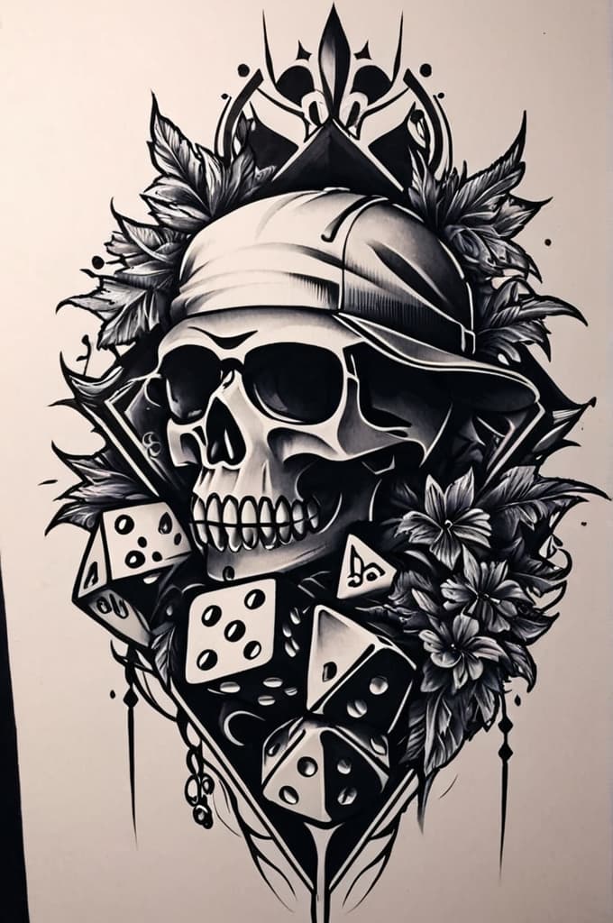  dice gangster tattoo , (tattoo sketch:1.25), drawing