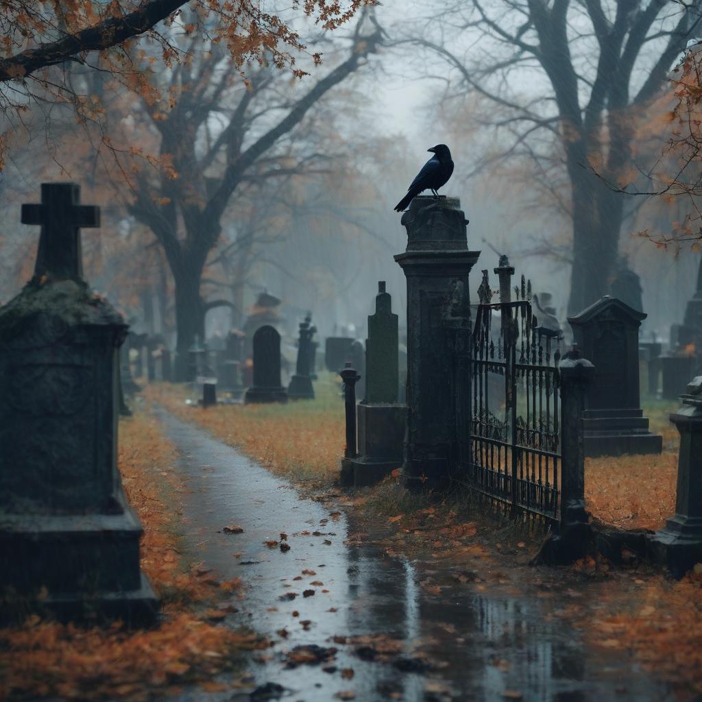  an abandoned old cemetery. late fall. rare rain. a sad crow sits on the gate.