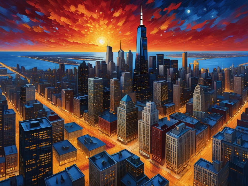  concept art sears tower, crain's communications building, drone view, tilt shift, van gogh's starry night, colorful red orange swirls, cloud gate, hyper realistic, chicago skyline, mesmerizing, intricate details, flambient golden red sunrise, dramatic lighting, epic composition, wide angle, cinematic, masterpiece, 4k, raw photo, van gogh influence, studio lighting, impressionist, bold colors, starry sky, architectural elements, medium format lens, high angle, cityscape, city life, metropolitan, van gogh's brushstrokes, van gogh's shadows, van gogh's colors, van gogh's textures, nighttime, city scene, streets, night cityscape. digital artwork, illustrative, painterly, matte painting, highly detailed