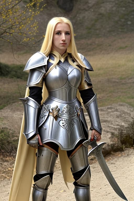  Beautiful Female High elf knight with blond hair, wearing heavy armour and wielding two long swords