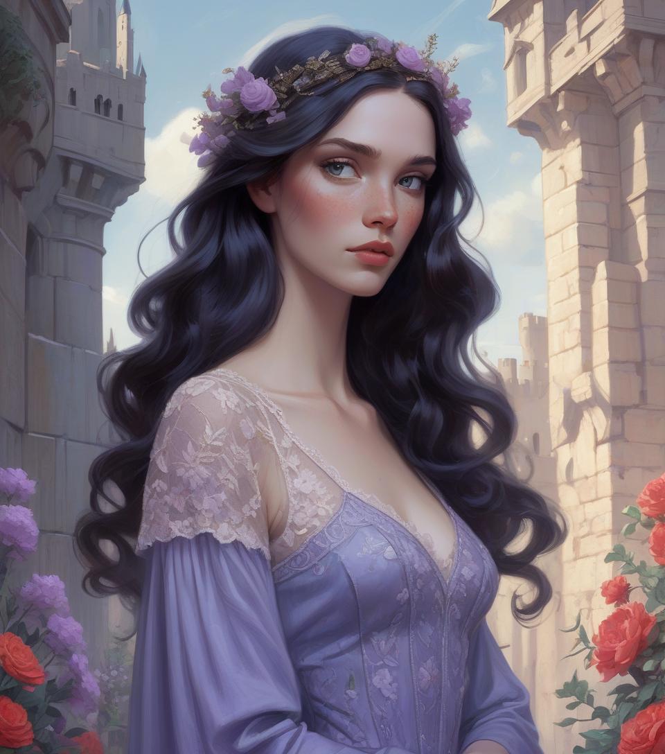  concept art beautiful freckled queen goddess with long wavy black hair, delicate features, pale skin, red cheeks, natural makeup, wearing a lavender dress with lace embroidered flowers, intricate stunning highly detailed girl by artgerm and edouard bisson, highly detailed oil painting, portrait of a beautiful person, art by stanley artgerm, charlie bowater, atey ghailan and mike mignola, silver jewelry, princess, goddess, high quality background, fantasy character concept art, blue sky and castle wall background, prin . digital artwork, illustrative, painterly, matte painting, highly detailed