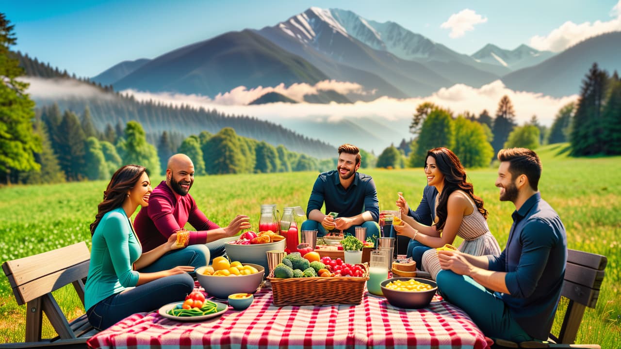  a vibrant collage of diverse stock photos: a smiling family at a picnic, a serene landscape with mountains, a professional team in a modern office, and fresh, colorful food items on a rustic table. hyperrealistic, full body, detailed clothing, highly detailed, cinematic lighting, stunningly beautiful, intricate, sharp focus, f/1. 8, 85mm, (centered image composition), (professionally color graded), ((bright soft diffused light)), volumetric fog, trending on instagram, trending on tumblr, HDR 4K, 8K