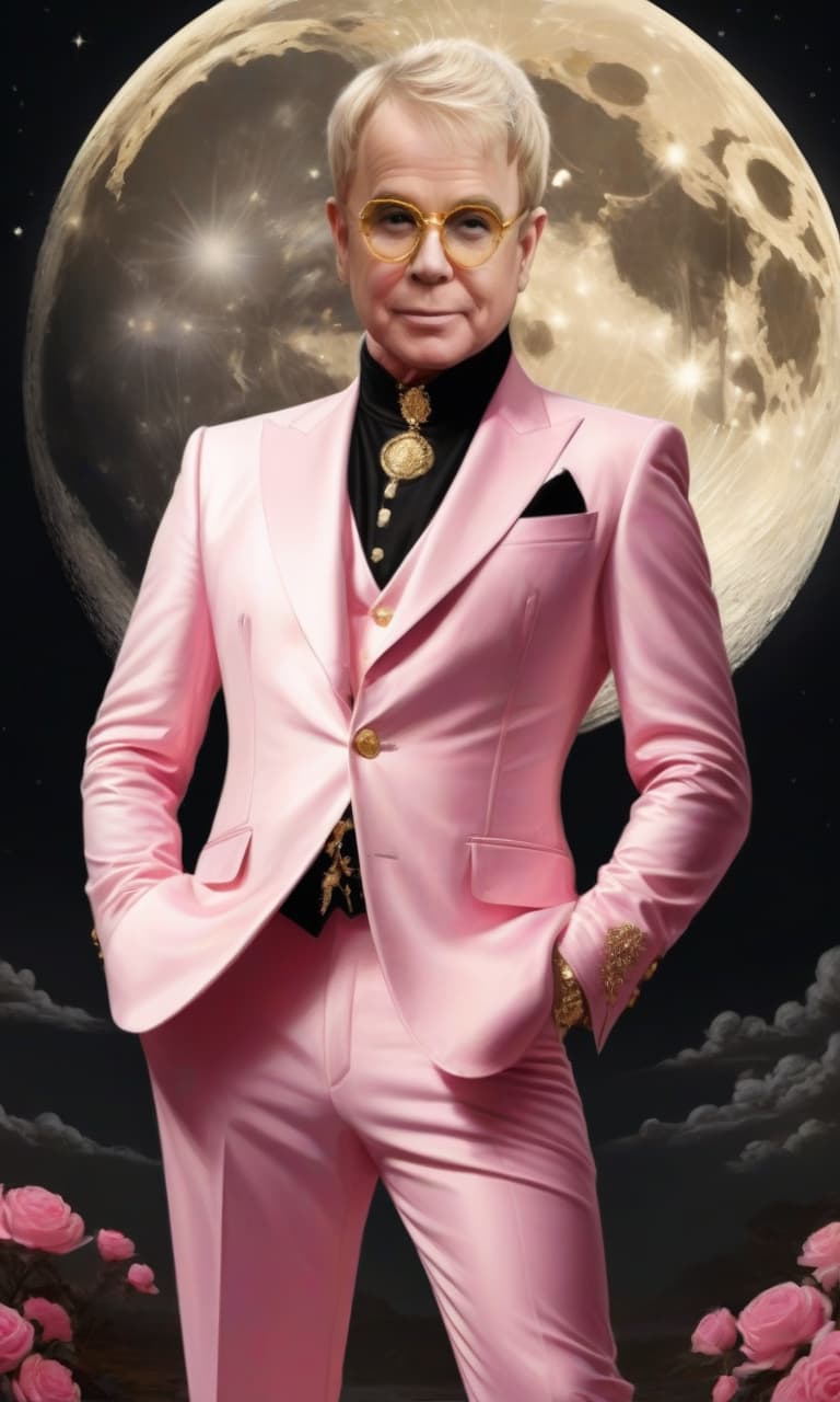  concept art pink, gold, black, white amid the huge golden moon of elton john . digital artwork, illustrative, painterly, matte painting, highly detailed, perfect hands